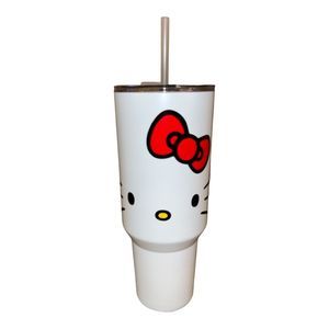 Hello Kitty Sanrio Big White Tumbler Cup Black Handle Straw Flip top NWT
